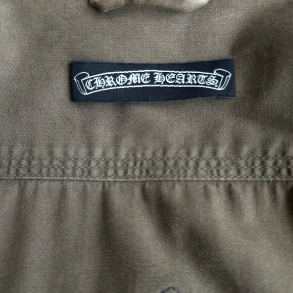 Chrome Hearts Olive & Black Leather Fleur Patch Button Up Shirt - Picture 4 of 8